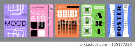 Minimalism geometric poster cover set. A4 banners with brutalism bold shapes, outline frame prints, simple shapes, distorted elements. Modernism art design with Y2K aesthetics. Vector illustration. Minimalism geometric poster cover set. A4 banners with brutalism bold shapes, outline frame prints, simple shapes, distorted elements. Modernism art design with Y2K aesthetics. Vector illustration. 135127220