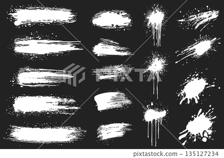 White ink splatters set elements in flat graphic design. Collection of brush strokes and ink spots with messy grainy texture, grimy paintbrush stains and blobs with rough edges. Vector illustration. 135127234