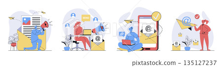 Email marketing concept set in flat design for web. Collection with people sending promo information letters to mail boxes, making advertising campaign with online messages. Vector illustrations. 135127237