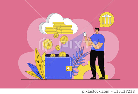 Virtual finance concept with modern flat design for web. Man manages personal money in digital wallet and bank account, makes transaction and using banking services in mobile app. Vector illustration. Virtual finance concept with modern flat design for web. Man manages personal money in digital wallet and bank account, makes transaction and using banking services in mobile app. Vector illustration. 135127238