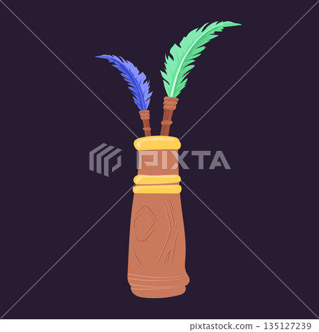 Feather pens in container in flat design. Old handwriting tools with plume. Vector illustration isolated. Feather pens in container in flat design. Old handwriting tools with plume. Vector illustration isolated. 135127239