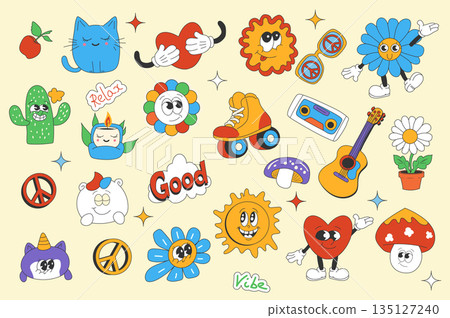 Vintage groovy set elements in flat graphic design. Collection of funny cat, heart, sun, sunglasses, daisy, cactus, roller skates, music cassette, guitar, peace, unicorn, other. Vector illustration. 135127240