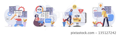 Development and programming concept with people scenes set in flat web design. Collection of character situation with programmers working and creating software code on screens. Vector illustrations. 135127242