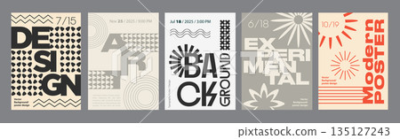 Minimalism geometric poster cover set. A4 banners with brutalism forms, different prints shapes, abstract line patterns, calm colours. Modernism art design with Y2K aesthetics. Vector illustration. 135127243