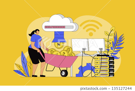 Cryptocurrency technology concept with modern flat design for web. Woman invests in bitcoins and other virtual coins at marketplace, mining digital money at farm, earning profit. Vector illustration. 135127244