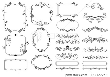 Vintage frames and dividers mega set elements in flat graphic design. Bundle objects of luxury antique borders, corners and banners with floral curls and decorative flourish. Vector illustration. Vintage frames and dividers mega set elements in flat graphic design. Bundle objects of luxury antique borders, corners and banners with floral curls and decorative flourish. Vector illustration. 135127248