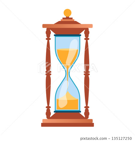 Vintage hourglass in flat design. Elegant wooden clock with sand falling. Vector illustration isolated. 135127250