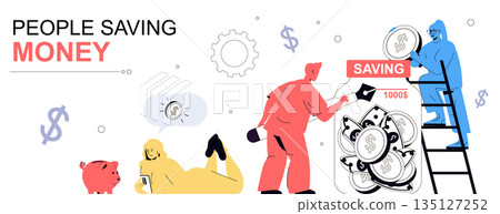 People saving money concept in flat cartoon design for web banner. Man and woman collecting coins in piggy bank, planning budget, managing personal finance and getting profit. Vector illustration. 135127252