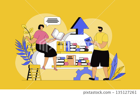 Cloud library concept with modern flat design for web. Woman and man reading and sharing digital books and textbooks, using cloud technologies for online education and e-learning. Vector illustration. 135127261