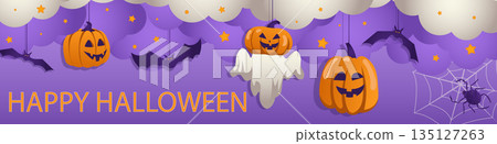 Happy Halloween banner design. Party invitation template with spooky pumpkins with evil smiles, creepy ghost and flying bats hanging in clouds with stars, black spider on web. Vector illustration. Happy Halloween banner design. Party invitation template with spooky pumpkins with evil smiles, creepy ghost and flying bats hanging in clouds with stars, black spider on web. Vector illustration. 135127263