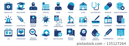 Medical icon set in flat duotone solid icons web design. Pack pictograms with healthcare, doctor, hospital, nurse, patient, clinic, medicine, health, insurance, emergency, other. Vector illustration. Medical icon set in flat duotone solid icons web design. Pack pictograms with healthcare, doctor, hospital, nurse, patient, clinic, medicine, health, insurance, emergency, other. Vector illustration. 135127264