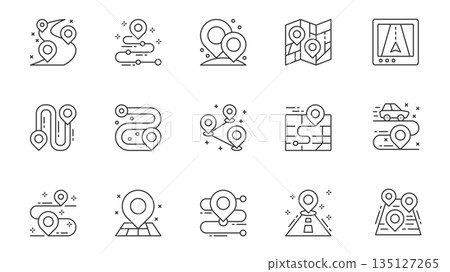 GPS navigator icons set in outline stroke design for web. Pack line pictograms with route with location points, pins, map, online tracking, direction, car travel, position, other. Vector illustration. GPS navigator icons set in outline stroke design for web. Pack line pictograms with route with location points, pins, map, online tracking, direction, car travel, position, other. Vector illustration. 135127265