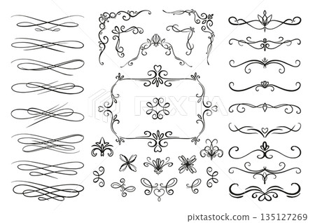 Vintage decoration frames set elements in flat graphic design. Bundle objects of decorative swirl page dividers and vignette borders with flourish ornaments in classic victorian. Vector illustration. 135127269