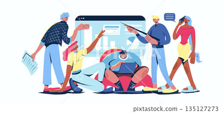 Business training concept in cartoon web design. People learning new professional skill, listening coach lecture with presentation at conference. Flat vector illustration isolated on white background. 135127273
