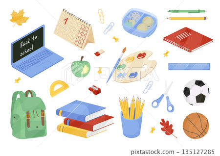 School items mega set elements in flat cartoon graphic design. Bundle objects of autumn leaf, calendar, laptop, stationery, lunch box, books, notebook, apples, backpack, other. Vector illustration. 135127285