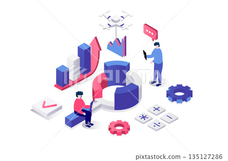 Data analysis 3d isometric concept in geometry graphic design for web. People making financial research, control and analyzing datum charts, searching information, accounting. Vector illustration. Data analysis 3d isometric concept in geometry graphic design for web. People making financial research, control and analyzing datum charts, searching information, accounting. Vector illustration. 135127286