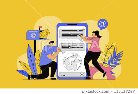 Messaging service concept with modern flat design for web. Woman and man writing messages and sending using mobile apps, communicating online with friends in chats and forums. Vector illustration. Messaging service concept with modern flat design for web. Woman and man writing messages and sending using mobile apps, communicating online with friends in chats and forums. Vector illustration. 135127287
