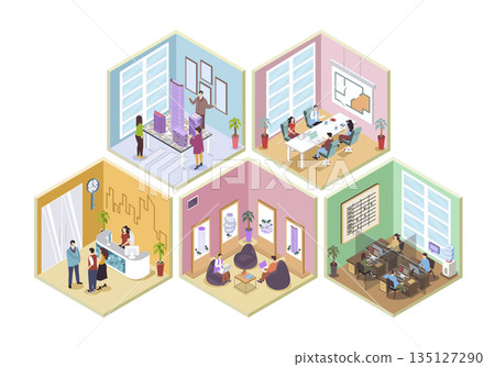 Real estate 3d isometric rooms concept in isometry graphic design for web. People working at office and sales department, creating architecture projects, customers with realtor. Vector illustration. 135127290
