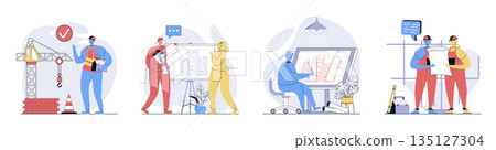 Construction engineer concept set in flat design for web. Collection with people working at building site, creating and discussing architect blueprints, drawing house plans. Vector illustrations. 135127304