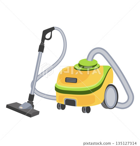 Yellow vacuum cleaner in flat design. Vintage model hoover appliance. Vector illustration isolated. Yellow vacuum cleaner in flat design. Vintage model hoover appliance. Vector illustration isolated. 135127314
