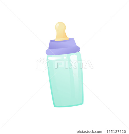Milk bottle with pacifier in flat design. Newborn baby feeding accessory. Vector illustration isolated. 135127320