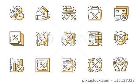 Credit icons set in outline stroke design for web. Pack line pictograms with money, paying time, house mortgage, car insurance, discount, growth, down, calculating data, other. Vector illustration. Credit icons set in outline stroke design for web. Pack line pictograms with money, paying time, house mortgage, car insurance, discount, growth, down, calculating data, other. Vector illustration. 135127322
