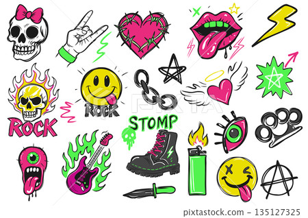 Punk rock style doodles set in flat graphic design. Collection isolated elements with skulls, heart, flame burning, chain, stars, eyes, electric guitar, other scribble graffiti. Vector illustration. 135127325