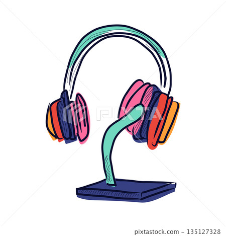 Headphones and mic stand in flat design. Headset and microphone for podcast. Vector illustration isolated. Headphones and mic stand in flat design. Headset and microphone for podcast. Vector illustration isolated. 135127328