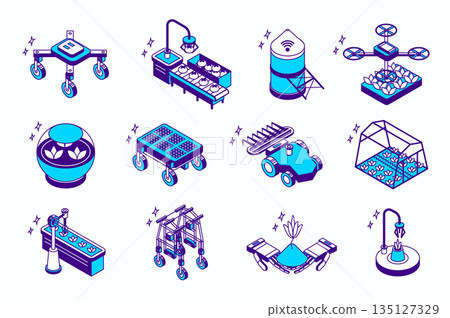 Agriculture robotization concept 3d isometric icons set for web isometry design. Collection elements of drone, conveyor belt with robotic arms, robot technology, automation, more. Vector illustration. Agriculture robotization concept 3d isometric icons set for web isometry design. Collection elements of drone, conveyor belt with robotic arms, robot technology, automation, more. Vector illustration. 135127329