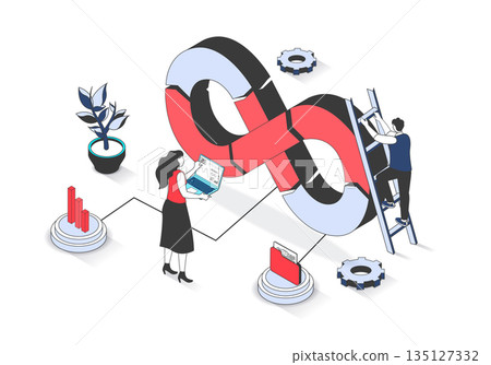DevOps 3d isometric concept with isometry people design for web. Man and woman developing and programming in team, using agile development operations architecture in work process. Vector illustration. DevOps 3d isometric concept with isometry people design for web. Man and woman developing and programming in team, using agile development operations architecture in work process. Vector illustration. 135127332