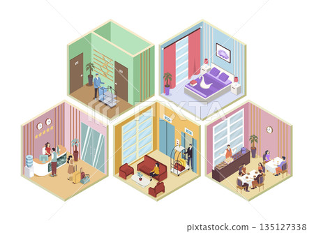 Hotel 3d isometric rooms concept in isometry graphic design for web. People in registerating at reception, tourists at waiting hall, dining in restaurant, bed apartment for guest. Vector illustration. 135127338