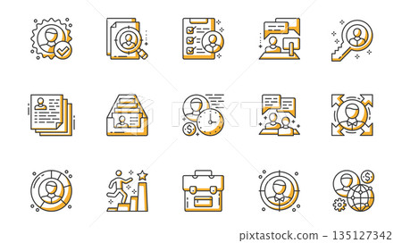 Head hunting icons set in outline stroke design for web. Pack line pictograms with hiring, search, recruitment, employee, job interview, key, resume, briefcase, teamwork, other. Vector illustration. 135127342