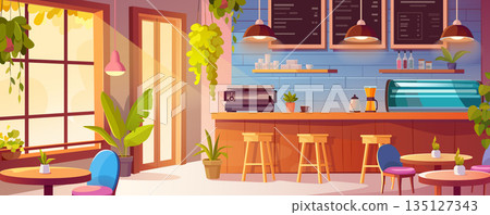 Coffee shop interior background for banner design. Empty room with barista counter with coffee machine, dessert showcase, menu boards, tables and chairs, window and door. Vector cartoon illustration 135127343