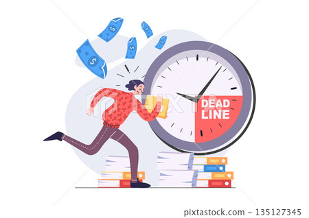 Deadline concept in modern flat design for web. Anxious employee running with documents and trying hurry to time, solving problems and urgent tasks, doing paperwork at work. Vector illustration. 135127345