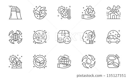 Renewable energy icons set in outline stroke design for web. Pack line pictograms with industry, green plant, global warm, recycling, wind turbine, forest,cardboard reuse, other. Vector illustration. Renewable energy icons set in outline stroke design for web. Pack line pictograms with industry, green plant, global warm, recycling, wind turbine, forest,cardboard reuse, other. Vector illustration. 135127351