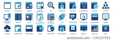 Website icon set in flat duotone solid icons web design. Pack pictograms with content, user experience, seo, homepage, security, ecommerce, internet, server, blog, link, other. Vector illustration. Website icon set in flat duotone solid icons web design. Pack pictograms with content, user experience, seo, homepage, security, ecommerce, internet, server, blog, link, other. Vector illustration. 135127353