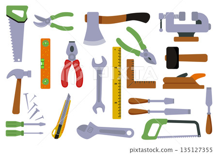 Woodworking tools set in flat graphic design. Collection isolated elements with saw, pruning shears, axe, pliers, level, wrench, ruler, angle, hammer, plane, screwdriver, other. Vector illustration. 135127355