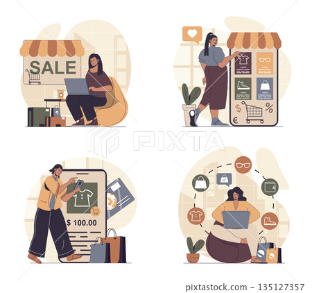 Online shopping concept scenes set in flat web design. People in situations of choosing new products at internet stores at sales, ordering and paying purchases in mobile app. Vector illustrations. Online shopping concept scenes set in flat web design. People in situations of choosing new products at internet stores at sales, ordering and paying purchases in mobile app. Vector illustrations. 135127357