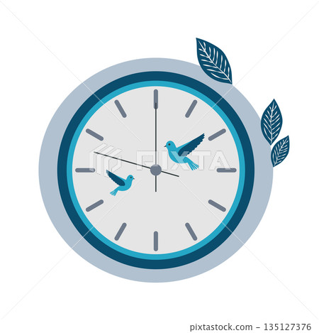 Wall decorative clock in flat design. Round clock with birds and leaves. Vector illustration isolated. Wall decorative clock in flat design. Round clock with birds and leaves. Vector illustration isolated. 135127376