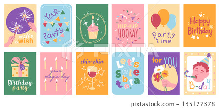 Birthday party cover typography template for posters, prints. Minimalistic banners set with fireworks, cupcake, balloons, gift, bouquet, champagne cheers, anniversary celebration. Vector illustration. 135127378