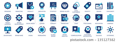 Branding icon set in flat duotone solid icons web design. Pack pictograms with marketing, strategy, brand values, loyal customers, identity, target audience, social media, other. Vector illustration. 135127382