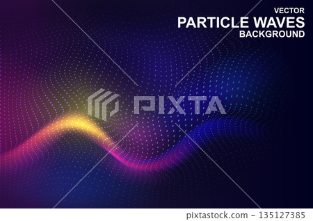 Abstract background with gradient colors waves with particles structure wave with dynamic liquid effect. Vibrant wallpaper with glowing curve dots texture and flow digital mesh. Vector illustration Abstract background with gradient colors waves with particles structure wave with dynamic liquid effect. Vibrant wallpaper with glowing curve dots texture and flow digital mesh. Vector illustration 135127385