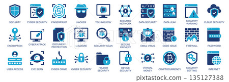 Cyber security icon set in flat duotone solid icons web design. Pack pictograms with fingerprint, hacker, technology, network, scan, encryption, attack, document, virus, other. Vector illustration. 135127388
