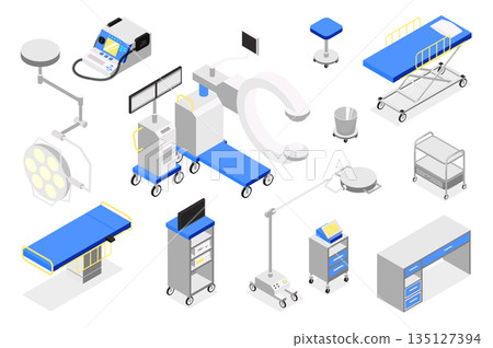Operating room 3d isometric mega set in isometry graphic design. Collection elements of couch, lamp, monitoring system, tables, stretcher, x-ray, surgery equipment, other tools. Vector illustration. Operating room 3d isometric mega set in isometry graphic design. Collection elements of couch, lamp, monitoring system, tables, stretcher, x-ray, surgery equipment, other tools. Vector illustration. 135127394
