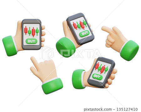 3D Hand Clicking Green Buy Button for Stock Investment 3D Hand Clicking Green Buy Button for Stock Investment 135127410