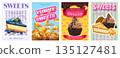 Sweets cover typography template for advertising design. Food posters and greeting cards with cakes, cheesecakes, croissants, chocolate cupcakes and other confectionery desserts. Vector illustration. 135127481