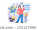 Social network concept in modern flat design for web. Woman sending messages and emails, chatting with global friends, sharing information online, making photo posts in blog. Vector illustration. 135127484