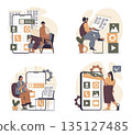 App development concept scenes set in flat web design. People in situations of programming mobile phone layouts, building app buttons and elements, testing products and optimize. Vector illustrations. 135127485