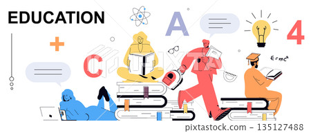 Education concept in flat cartoon design for web banner. People learning at school or college, reading books, studying science, doing homework at laptop, getting new information. Vector illustration. 135127488