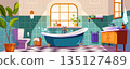 Bathroom interior background banner for game design. Home room with bathtub and faucet, toilet, washbasin, plants, towels, hygiene equipment, windows at wall, tile floor. Vector cartoon illustration 135127489